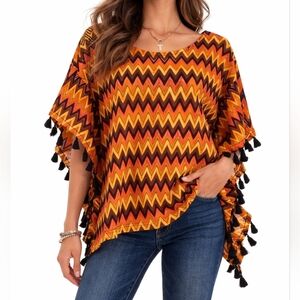 All AT ONCE Retro Zigzag Chevron Tassel Poncho Festival Blouse Small Medium